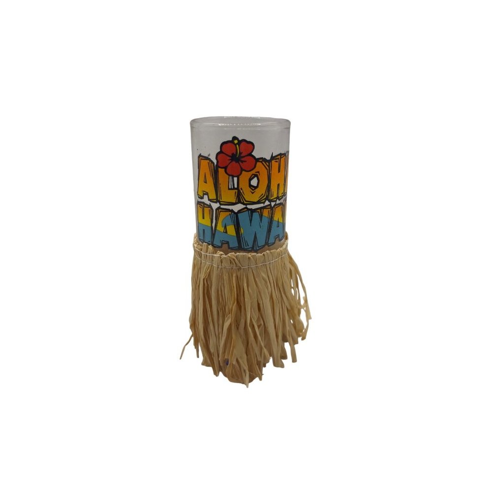 Hawaiian Souvenir Shot Glass Aloha With Grass Hula Skirt 2 ounce